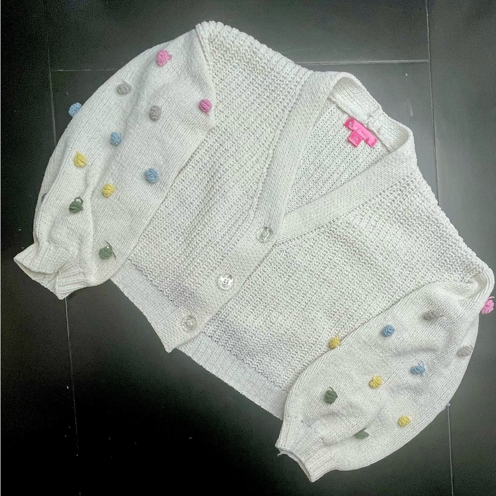 Girls Say What White Knit Cardigan w Colorful Pom-Pom balloon